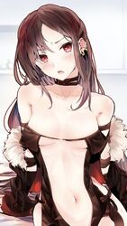 arm_support bangs bare_shoulders black_jacket blush breasts brown_dress brown_hair clavicle dress ear_piercing earrings fate/grand_order fate_(series) female female fur-trimmed_jacket fur_trim head_tilt high_resolution jacket jewelry long_hair navel oerba_yun_fang off_shoulder open_clothes open_jacket parted_bangs parted_lips piercing red_eyes small_breasts solo strapless strapless_dress tagme tomozero very_long_hair yu_miaoyi_(fate)