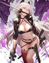 1girls ahoge animal_ears asymmetrical_legwear aura berserker bikini black_bikini black_choker black_jacket black_swimsuit breasts choker clavicle cleavage constricted_pupils cowboy_shot cropped_jacket danann dragon dual_swords dual_wielding eyebrows_visible_through_hair fake_animal_ears fate/grand_order fate_(series) female female_only fire gloves golden_eyes grey_hair hair_between_eyes high_resolution holding holding_weapon jacket jeanne_alter jeanne_d'arc_(alter) jeanne_d'arc_(alter)_(swimsuit_berserker) jeanne_d'arc_(fate) katana kemonomimi_mode kong_guan_wang large_breasts legwear lips long_hair looking_at_viewer midriff mouth_hold navel nekomimi o-ring o-ring_bikini o-ring_bottom o-ring_top pink_lips red_legwear scabbard shrug_(clothing) single_thighhigh solo standing stomach swimsuit sword tagme thigh_strap thighhighs thighs triple_wielding unsheathed very_long_hair waist weapon weapon_in_mouth yellow_eyes