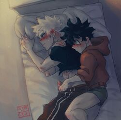 2boys bed blonde_hair blushed clothed clothing gay green_hair handjob hoodie izuku_midoriya katsuki_bakugou lying_down lying_on_bed lying_on_side male male/male male_only my_hero_academia on_bed on_side penis penis_grab penis_out spiky_hair syblatortue yaoi