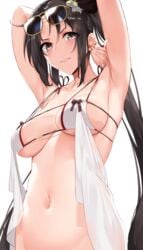 akuta_hinako armpits arms_up bangs bare_shoulders bikini bikini_top black_hair blush bottomless breasts brown_hair clavicle closed_mouth consort_yu_(fate/grand_order) earrings erect_nipples eyepatch_bikini eyewear_on_head fate/grand_order fate_(series) female glasses_on_head glasses_removed grey_eyes hair_ornament high_resolution jewelry knatb lancer_(yu_miaoyi) light_background long_hair looking_at_viewer medium_breasts megane midriff multiple_earrings navel nipples pixiv_id_13726319 see-through sideboob simple_background solo sunglasses sweatdrop swimsuit tagme tied_hair twintails underboob very_high_resolution very_long_hair white_background white_bikini white_swimsuit yu_miaoyi_(fate) yu_miaoyi_(swimsuit_lancer)