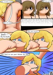 1futa 1girls big_penis black_bra blonde_hair blue_eyes bottomless brown_hair clothed clothing comic comic_page dialogue duo female forced_oral futa_on_female futa_pov futanari human irrumatio jammpakked light_skin looking_at_viewer oral orange_shirt pale_skin partially_clothed penis semi-erect sex text thick_penis throat_bulge throat_fuck