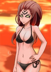 1girls bare_arms bare_legs bare_midriff bare_shoulders bare_thighs beach big_breasts bikini bikini_bottom bikini_top breasts cleavage cleft_of_venus collarbone darksiders darksiders_3 female female_only fury_(darksiders) glowing_eyes hand_on_hip large_breasts long_hair markings midriff outdoors outside red_hair sole_female solo swimsuit swimwear tattoo tattoos wide_hips yellow_eyes