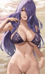 1girls alternate_costume areolae bare_breasts bare_midriff belly bikini bottomless breasts camilla_(fire_emblem) child_bearing_hips close-up curvaceous curvy curvy_female curvy_figure female female_only fire_emblem fire_emblem_fates hair_over_one_eye hourglass_figure human human_only j@ck large_breasts light-skinned_female light_skin long_hair looking_to_the_side mature mature_female milf naked navel nintendo no_panties one_eye_covered open_mouth purple_bikini purple_eyes purple_hair purple_swimsuit pussy smile smiling soft soft_breasts solo stomach swimsuit thighs uncensored upper_body voluptuous wet wide_hips