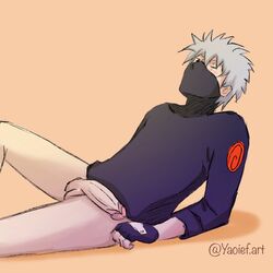 1boy ef_drawings hatake_kakashi kakashi_hatake male male_only naruto one_eye_closed partially_undressed penis scar scar_across_eye silver_hair solo solo_male testicles uncensored wink