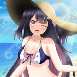 1girls 2021 beach beach_hat big_breasts bikini bird blue_bikini blush blushing_at_viewer collarbone female female_focus female_only happy hat hina_misora light-skinned_female light_skin long_hair looking_at_viewer multicolored_eyes multicolored_hair one_eye_closed pale-skinned_female pale_skin pink_hair purple_eyes purple_hair ribbon seaside shankoi smile smiling smiling_at_viewer star_shaped_pupils sunlight very_long_hair virtual_youtuber wactor wactor_es wactor_production