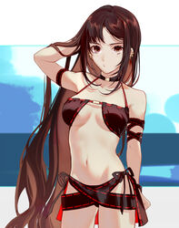 adapted_costume adjusting_hair akuta_hinako alternative_costume assassin bare_shoulders bikini black_bikini black_hair black_ribbon black_swimsuit blush breasts brown_eyes brown_hair choker clavicle cleavage closed_mouth csyday ear_piercing fate/grand_order fate_(series) female jewelry long_hair looking_at_viewer medium_breasts navel one_arm_up open_eyes piercing ribbon solo swimsuit tagme very_long_hair yu_miaoyi yu_miaoyi_(fate)