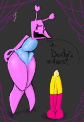 abstract_background anthro armless big_dildo blush clothed deltarune dialogue dildo embarrassed fozuna geometry large_dildo legs_crossed pill pink_body pink_skin shy standing virovirokun virovirokun_(deltarune)