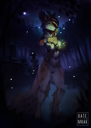 2021 5_fingers anthro antlers areola breasts canid canine cervid detailed_background digital_media_(artwork) eyebrows eyelashes female fingers forest genitals grass hi_res horn hybrid kate-titan-mrak mammal night nipples nude outside plant pussy smile solo tree