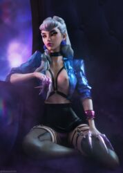 1girls 3d artist_name bracelet choker earrings evelynn female garter_straps jacket k/da_all_out_evelynn k/da_all_out_series league_of_legends light-skinned_female looking_at_viewer nipple pink_lipstick riot_games silver_hair sitting_on_chair skirt small_breasts solo stockings tagme therealzoh yellow_eyes zoh