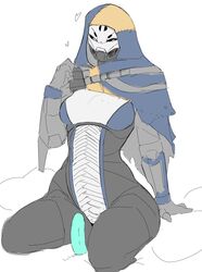 blue_dildo bungie cowgirl_position destiny_(game) dildo elsie_bray embarrassed exo exo_stranger hearts hood hood_up looking_away robot robot_girl sirtenderloinz1