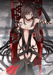 akuta_hinako bangs black_dress black_gloves breasts brown_hair center_opening chair choker clavicle crossed_legs dress earrings elbow_gloves eyewear_removed fate/grand_order fate_(series) female female gloves hips jewelry long_hair looking_at_viewer medium_breasts megane navel red_eyes shiro_suzu shirosuzu sitting solo strapless strapless_dress tagme thighs very_long_hair yu_miaoyi_(fate)