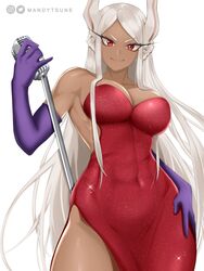 1girls abs armpits big_breasts bunny_ears cleavage cosplay crossover_cosplay curvy dark-skinned_female dark_skin elbow_gloves female female_only fit_female hourglass_figure jessica_rabbit_(cosplay) long_hair looking_at_viewer mandytsune mature_female microphone microphone_stand miruko my_hero_academia purple_gloves red_dress red_eyes rumi_usagiyama smile solo solo_female superheroine underboob very_long_hair white_hair who_framed_roger_rabbit wide_hips