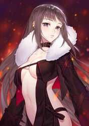 akuta_hinako aquarius_(artist) bangs black_collar black_dress black_jacket breasts brown_eyes brown_hair center_opening clavicle collar dress ear_piercing embers expressionless fate/grand_order fate_(series) female fire fur-trimmed_jacket fur_trim high_resolution jacket large_breasts long_hair long_sleeves looking_at_viewer navel open_clothes open_jacket piercing pixiv_id_9867366 revealing_clothes solo strapless strapless_dress tagme very_long_hair yu_miaoyi_(fate)