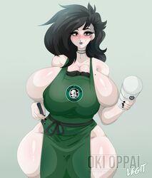 1girls apron ass barista black_hair breasts bursting_breasts cleavage cleavage_overflow fat_ass female female_only goth huge_ass huge_breasts iced_latte_with_breast_milk large_breasts lipstick long_hair makeup meme mostly_nude okioppai pale_skin pandora_(okioppai) solo starbucks tagme thick_ass thick_thighs tight_clothing wide_hips