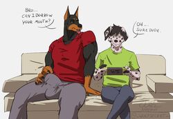 anthro bulge canid canine canis dalmatian detailed_bulge dobermann domestic_dog duo english_text furniture genital_outline hi_res male male/male mammal muscular muscular_male penis_outline pinscher size_difference sofa speech_bubble text video_games wolfsecret