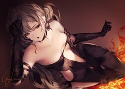 bangs bare_shoulders black_dress black_gloves blunt_bangs breasts brown_background brown_hair center_opening choker clavicle dress dutch_angle ear_piercing earrings elbow_gloves eyebrows_visible_through_hair fate/grand_order fate_(series) feet_out_of_frame female fire genyaky gloves gradient gradient_background hand_on_own_head jewelry kyouya_(mukuro238) long_hair looking_away looking_to_the_side navel one_arm_up open_mouth piercing red_eyes revealing_clothes sidelocks signature simple_background small_breasts solo standing strapless strapless_dress swept_bangs tsurime very_long_hair viewed_from_above yu_miaoyi_(fate)