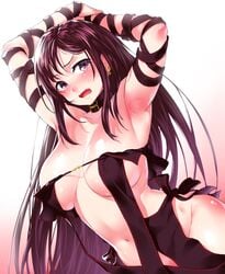 akuta_hinako armpits arms_behind_head arms_up bangs bare_shoulders blush breasts buckle cleavage collar dutch_angle ear_piercing embarrassed eyebrows_visible_through_hair fangs fate/grand_order fate_(series) female full-face_blush gradient gradient_background groin high_resolution large_breasts long_hair looking_at_viewer navel nose_blush onsoku_inu open_mouth own_hands_together piercing plump purple_eyes purple_hair revealing_clothes ribbon_trim solo stomach tagme tearing_up tears v-shaped_eyebrows very_long_hair white_background yu_miaoyi_(fate)