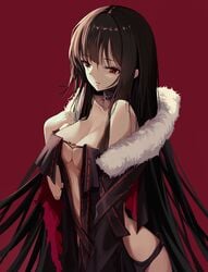 akuta_hinako augu_(523764197) bangs bare_shoulders black_collar black_dress black_hair black_jacket breasts center_opening cleavage collar dress fate/grand_order fate_(series) female fur-trimmed_jacket fur_trim in_profile jacket large_breasts long_hair long_sleeves medium_breasts parted_lips pixiv_id_15173067 red_background red_eyes revealing_clothes simple_background solo strapless strapless_dress tagme very_long_hair yu_miaoyi_(fate)