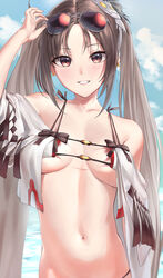 bangs bare_shoulders bikini blue_sky blush breasts brown_eyes brown_hair clavicle cleavage earrings eyepatch_bikini eyewear_on_head fate/grand_order fate_(series) female hair_ornament high_resolution jewelry long_hair looking_at_viewer medium_breasts monegi navel ocean open_clothes robe sky smile sunglasses swimsuit tagme tied_hair twintails very_high_resolution very_long_hair white_bikini white_swimsuit yu_miaoyi_(fate) yu_miaoyi_(swimsuit_lancer)