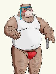 2021 3:4 alcohol anthro asian_clothing belly beverage black_nose blush brown_body brown_fur bulge clothed clothing drunk east_asian_clothing erection erection_under_clothing fundoshi fur hairy hi_res humanoid_hands inunodaidokoro japanese_clothing kemono male mammal necktie overweight overweight_male red_clothing red_fundoshi red_underwear sake shirt simple_background smoking solo solo_male substance_intoxication tank_top topwear underwear ursid white_background