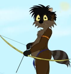 absurd_res anthro bottomwear bow_(weapon) chubby_male clothing genitals hi_res loincloth looking_at_viewer male mammal mostly_nude penis procyonid raccoon ranged_weapon rasik solo teenager tribal weapon yellow_eyes young