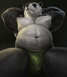 1boy anthro balls_outline biceps big_bulge black_body black_fur bulge cigarette cigarette_in_mouth closed_eyes clothed clothing detailed_bulge fur genital_outline giant_panda hands_behind_head hungrypaws leaning leaning_back male male_only mammal musclegut muscular muscular_anthro muscular_male navel overweight overweight_anthro overweight_male pecs penis_outline sitting smoking solo thick_thighs underwear underwear_only ursid white_body white_fur