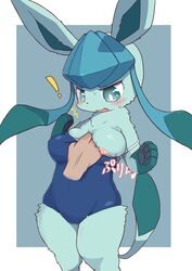 1girls anthro bangs big_breasts blue_eyes blue_fur blush breasts cute embarrassed furry glaceon koorinezumi long_ears looking_down nipple_slip paws petite pokémon_(species) pokemon pokemon_dppt pulling_swimsuit removing_clothing simple_background sweat tail