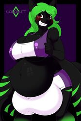 2:3 anthro balls_outline belly big_belly big_breasts big_bulge black_body blush breasts bulge clothing detailed_bulge dickgirl fangs fish futanari genital_outline green_hair green_stripes gynomorph hair hi_res huge_breasts huge_bulge hyper hyper_bulge intersex kloudmutt marine nipple_outline pose pregnant pregnant_futa red_eyes shandler shark sharp_teeth smile solo stripes teeth vein wide_hips