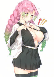 !! big_breasts braided_hair cleavage clothing cowboy_shot demon_slayer dressing female female_only frustrated green_eyes haori kanroji_mitsuri kimetsu_no_yaiba long_hair no_bra pink_hair pleated_skirt skirt solo struggling_to_fit thick_thighs thighhighs thore_(nathalukpol) two_tone_hair zettai_ryouiki