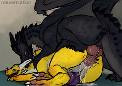 anal anthro black_body dragon duo feral genitals horn knot male male/male penis pineapplejelly pur3 ridged_penis sex simple_background yellow_body