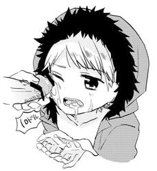 arata2ji_ cum cum_in_mouth cum_on_hand cupping_hands gay hooded_jacket kenny_mccormick male_only monochrome open_mouth penis_on_cheek short_hair south_park wink yaoi