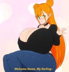 1girls black_sweater blush elf female freckles ginger green_eyes hairbun hairbuns huge_breasts hyper_breasts jeans long_hair looking_at_viewer orange_hair riley_moore_(artist) rilli_oshina ring smile smiling_at_viewer sweater thick_thighs waving wedding_band wedding_ring wholesome wife