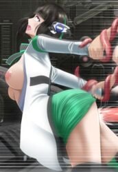 android android_girl arm_grab black_hair breasts breasts_out exposed_breasts eyes_rolled_back eyes_rolled_up eyes_rolling_back grabbing_arm grabbing_from_behind is_(kamen_rider_zero-one) kamen_rider kamen_rider_zero-one_(series) moan moaning moaning_in_pleasure open_mouth pleasure_face pleasured red_eyes robot robot_ears robot_girl robot_humanoid sticking_out_tongue tentacle tongue_out