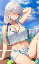 1girls arm_behind_head arm_support azur_lane ball blue_scrunchie blue_sky blush breasts bremerton_(azur_lane)_(cosplay) cleavage closed_eyes closed_mouth cloud collarbone commentary day eyebrows_visible_through_hair fully_clothed green_skirt hair_between_eyes hair_ornament hair_scrunchie highres k.pumpkin large_breasts mature mature_female medium_hair microskirt midriff milf navel outdoors scrunchie skirt sky smile solo sportswear symbol-only_commentary tennis_ball tennis_net tennis_uniform thighs two-tone_skirt uzaki-chan_wa_asobitai! uzaki_tsuki white_skirt