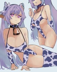 barely_contained big_breasts breasts cow_girl cow_print cowbell dismassd genshin_impact keqing_(genshin_impact) lingerie purple_eyes purple_hair thick_thighs thighhighs thighs tight_clothing twintails