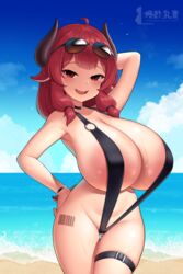 1girls ahoge animal_ears areola_slip areolae barcode barcode_tattoo bare_shoulders beach black_choker black_swimsuit blue_sky bracelet breast_slip breasts choker cleavage clothing cowboy_shot eyewear_on_head female gluteal_fold goat-chan_(enarane) high_resolution horizon horns huge_breasts kaedeno_yuu large_areolae light-skinned_female light_skin long_hair looking_at_viewer o-ring ocean one-piece_swimsuit original outdoors red_eyes red_hair shortstack signature sky sling_swimsuit smile solo summer sunglasses swimsuit tail thigh_strap very_high_resolution wardrobe_malfunction