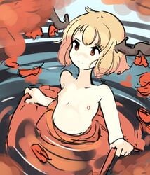 antlers blonde_hair breasts character_request leaves original red_eyes short_hair skirt small_breasts tagme upper_body water zako zako_sketch