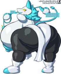 anthro ass big_breasts big_butt blue_hair breasts deltarune deltarune_chapter_2 dialogue felid feline female hair hi_res huge_breasts huge_butt hyper hyper_breasts hyper_butt impaledwolf machine mammal nipples rear_view robot solo tasque_manager_(deltarune) thick_thighs video_games whip wide_hips