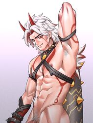 1boy 1male abs arataki_itto armpit_hair collar erection facial_markings fangs genshin_impact gradient_background grey_hair harness horns humanoid long_hair_male looking_at_viewer male male_nipples male_only male_pubic_hair muscle muscles muscular_male nude_male orange_eyes otokobara partially_visible_penis pecs penis pubic_hair red_eyes solo solo_male spiked_bracelet spiked_collar tagme tattoos toned toned_male veiny_penis white_background white_hair