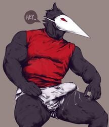 anthro cum cum_string deltarune mask muscular_thighs shirt swatchling_(deltarune) tagme thick_thighs