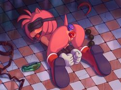 amy_rose anal anthro aoncyth blush bondage bound dildo drooling female gag gagged hedgehog pink_body pink_hair pussy sex_toy small_tail solo sonic_(series) tan_body vaginal_penetration