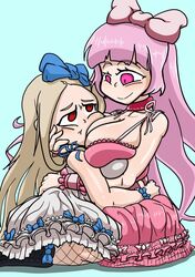 2girls big_breasts blonde_hair blue_ribbon boots breastfeeding breasts breasts_on_face choker fishnets large_breasts metal_slug metal_slug_attack pink_dress pink_eyes pink_hair pink_ribbon red_eyes snk suggestive sweet_baby_(metal_slug) white_baby_(metal_slug) yuri