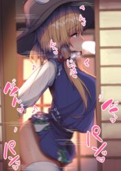 1girls arms_behind_back blonde_hair censored censored_penis clothed_sex darumoon from_behind hair_ribbon heavy_breathing implied_sex japanese_text motion_blur motion_lines offscreen_sex oral prison_guard_position sex skirt spitroast spoken_heart standing standing_sex straight suwako_moriya text thighhighs touhou white_thighhighs