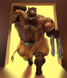 anthro armpit_hair bara beard belly biceps big_belly big_bulge big_muscles body_hair bottomwear broody brown_body brown_fur brown_hair bulge chest_hair clothing doorway facial_hair fur guzreuef hair hairy hi_res huge_muscles hyper hyper_muscles jewelry male male_only mammal musclegut muscular muscular_anthro muscular_male necklace nipples orange_eyes overweight overweight_anthro overweight_male pecs shorts solo solo_male standing suid suina sus_(pig) towel tusks wild_boar