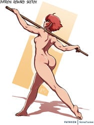 1girls ass back back_view bare_back barefoot breasts completely_nude completely_nude_female feet fire_emblem fire_emblem_fates hinoka_(fire_emblem) looking_at_viewer looking_back nintendo noisetanker nude nude_female red_eyes red_hair shadow short_hair small_breasts smile soles solo solo_female staff stick toes walking