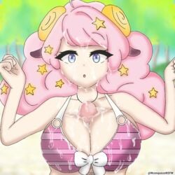 :0 big_breasts bikini blue_eyes cum cum_on_breasts cum_on_clothes cum_on_face cumshot large_breasts moa_(show_by_rock!!) paizuri paizuri_under_clothes pink_hair show_by_rock!!