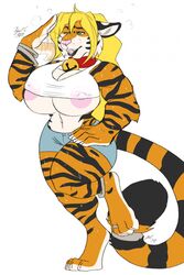 anthro bodily_fluids breasts clothing felid female hair hi_res mammal pantherine pyc-art solo sweat tiger