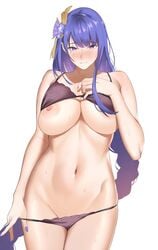 bangs blue_hair blue_nails blush bra bra_lift cowboy_shot eyebrows_visible_through_hair female genshin_impact hair_ornament highres ichinose_(ichinose1592) long_hair mole mole_under_eye navel nipples panties panty_pull purple_eyes raiden_shogun simple_background solo underwear very_long_hair white_background