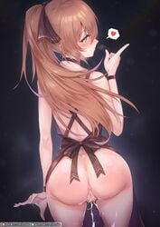 1girls brown_hair dress female_focus female_only from_behind girls'_frontline green_eyes looking_at_viewer looking_back nephlite pussy pussy_juice pussy_juice_drip rebe11 springfield_(girls'_frontline) tagme