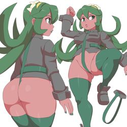 1girls ass big_ass big_breasts bottomless breasts female fukua_(skullgirls) green_eyes green_hair kabeume lipstick shamone_(skullgirls) skullgirls solo standing tentacle_hair thick_thighs thighhighs thighs